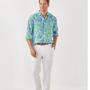 Lilly Pulitzer Men's Stuff Addison Shirt Sunwashed Blue Plumes In Bloom NWT sz L